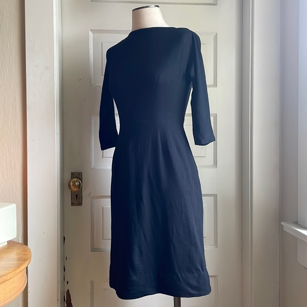 Vintage 1960’s Black Wool Wiggle Dress w Back Metal Zipper, Slash Neck & Pocket